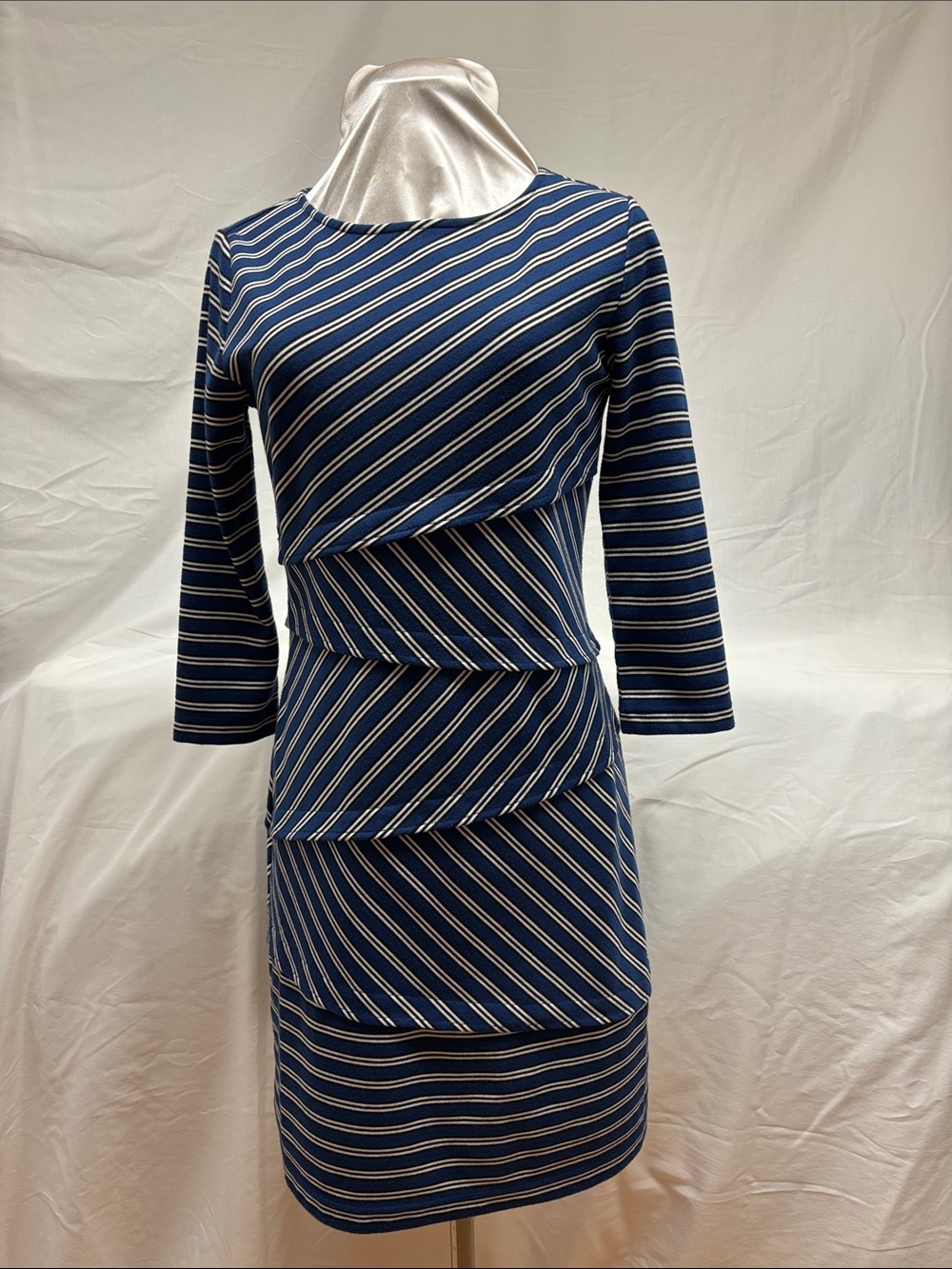 Daniel Cremieux Navy, White and Black Striped Long-Sleeve Tiered Dress